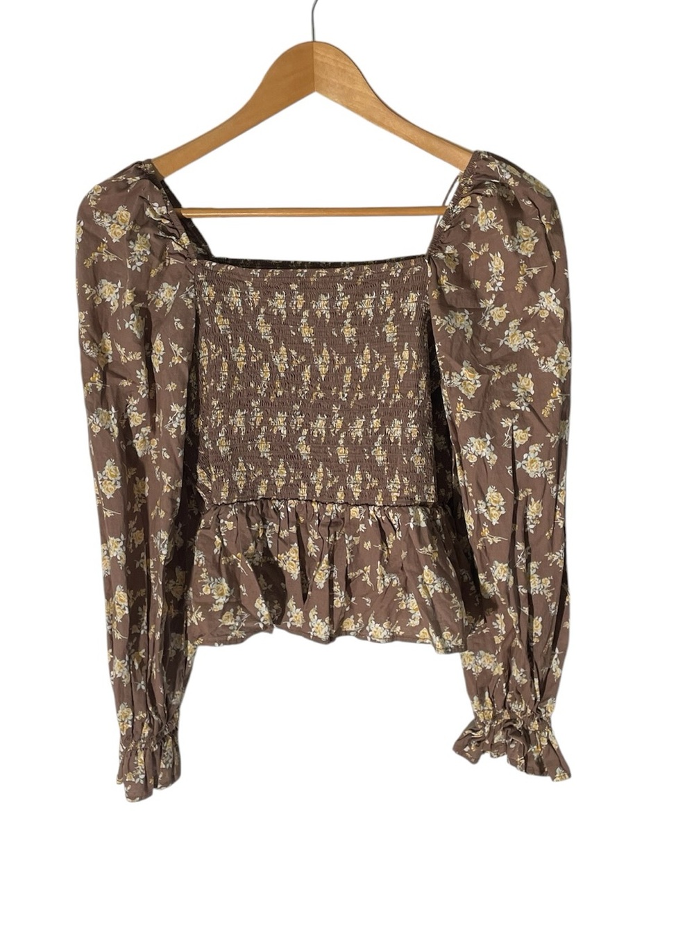 C38- Dizzy Brown Floral Smocked Peplum Long-Sleeve Top
